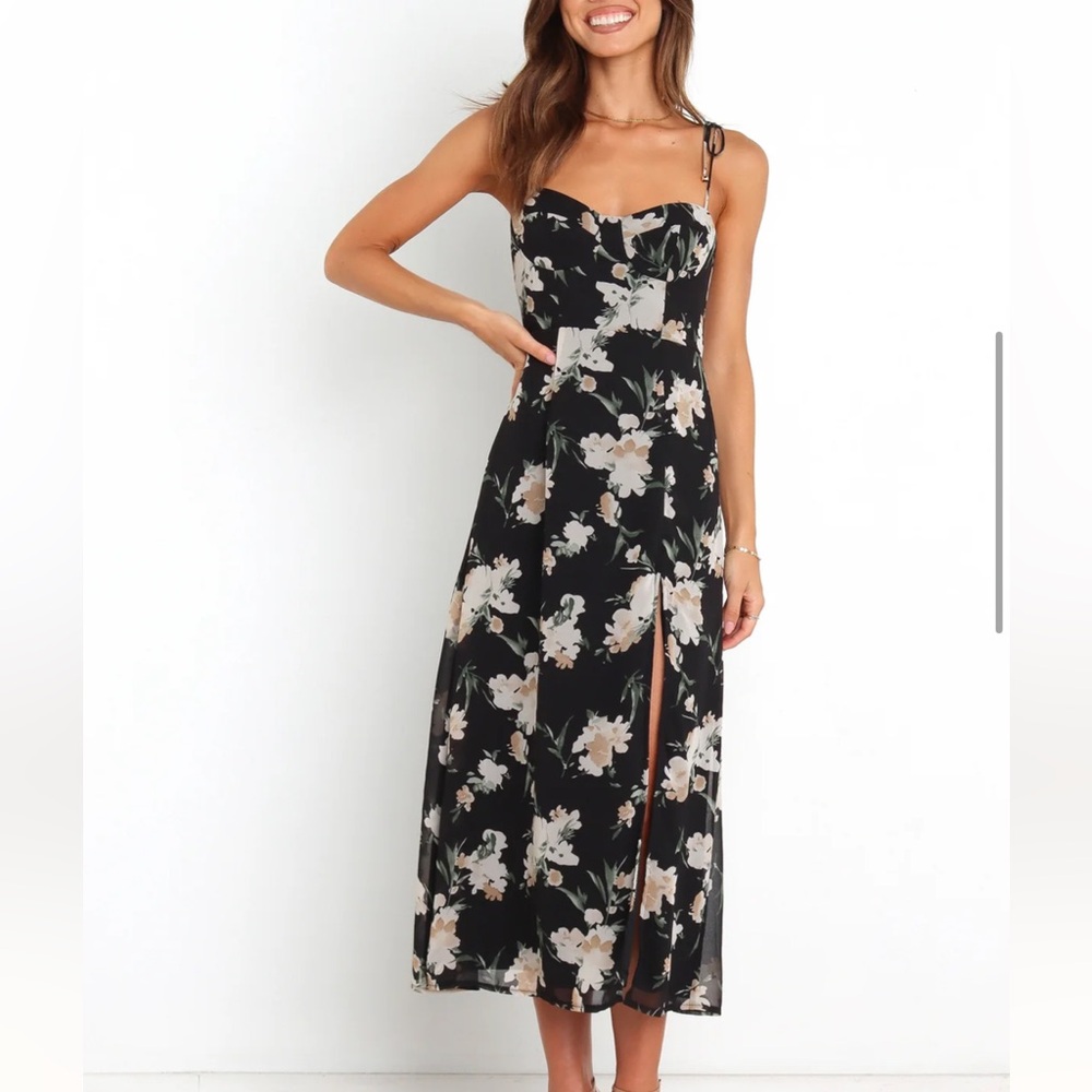 Petal & Pup Black Floral Midi Dress with Cream Flowers